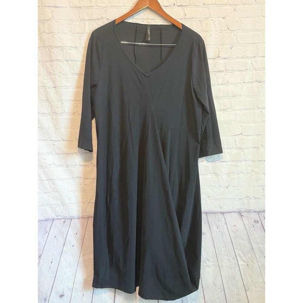 Porto San Francisco Black V-Neck Dress 4/L Stretch Tech Fabric Draped Italian